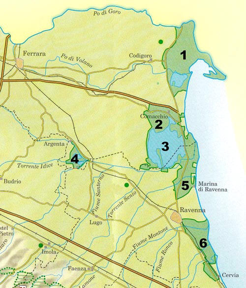 Carta del Parco Regionale del Delta del Po con le sei Stazioni (RE)